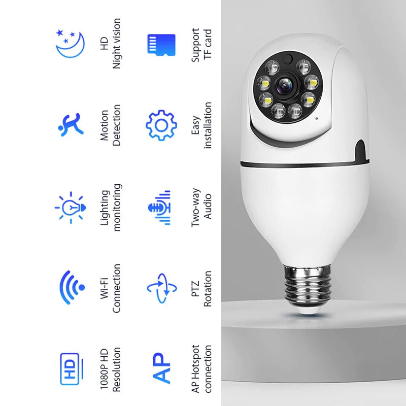 Ampoule 1080P HD E27 Caméra de surveillance Anti-vol Moniteur de sécurité intérieure extérieure Caméra WiFi sans fil Vision nocturne Audio IP