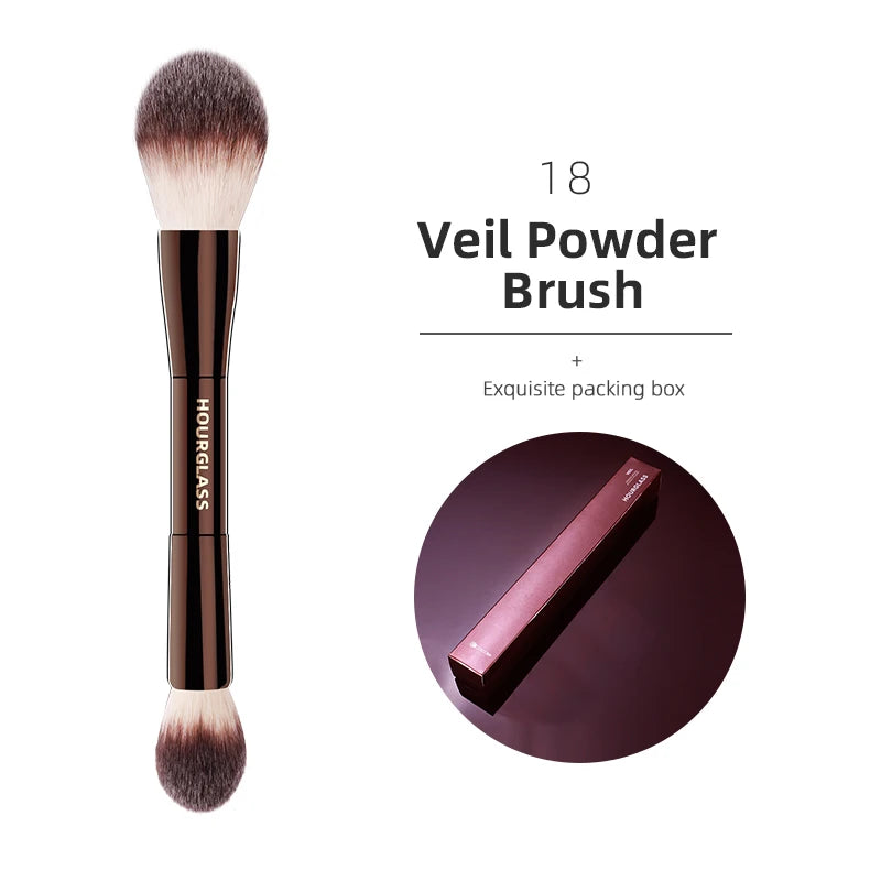Set complet de maquillage : pinceaux en forme de sablier, fond de teint en poudre, correcteur, blush, bronzer, ombres à paupières, produits pour sourcils, eyeliner et brosse sculptante