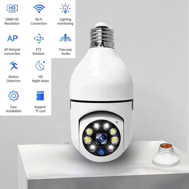 Ampoule 1080P HD E27 Caméra de surveillance Anti-vol Moniteur de sécurité intérieure extérieure Caméra WiFi sans fil Vision nocturne Audio IP