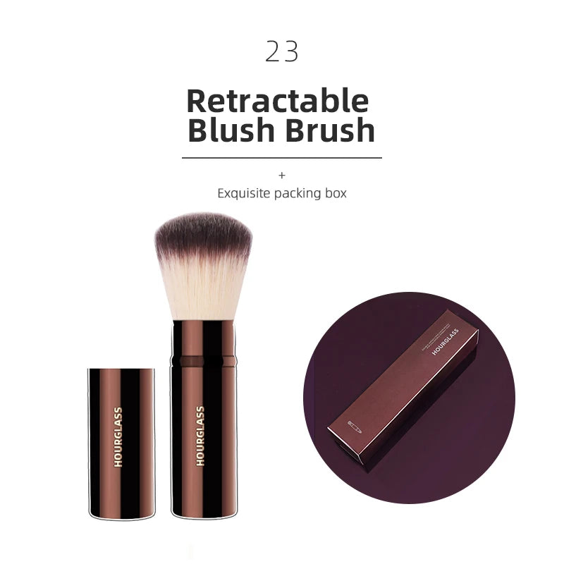 Set complet de maquillage : pinceaux en forme de sablier, fond de teint en poudre, correcteur, blush, bronzer, ombres à paupières, produits pour sourcils, eyeliner et brosse sculptante